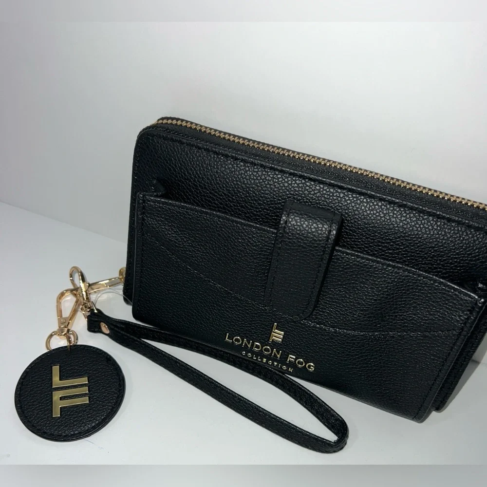 London Fog Black Felicity Pebble Zip Around Wristlet Wristlet with mirror‎